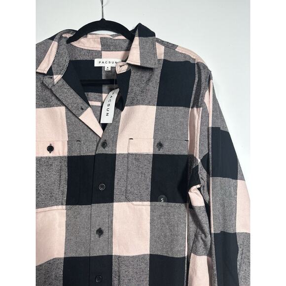 NWT Pacsun Mens Classic Plaid Flannel Button Down Long Sleeve Pink/Black Small - Picture 4 of 12
